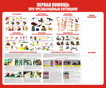 С19 Стенд первая помощь (при чрезвычайных ситуациях) (1200х1000мм, пластик ПВХ 3 мм, карманы, Прямая печать на пластик) - Стенды - Стенды по первой медицинской помощи - Магазин охраны труда и техники безопасности stroiplakat.ru