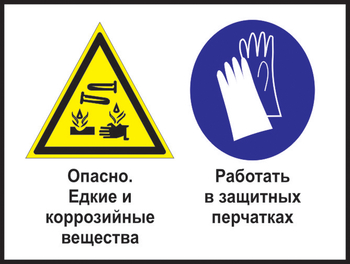 Кз 64 опасно - едкие и коррозийные вещества. работать в защитных перчатках. (пластик, 400х300 мм) - Знаки безопасности - Комбинированные знаки безопасности - Магазин охраны труда и техники безопасности stroiplakat.ru