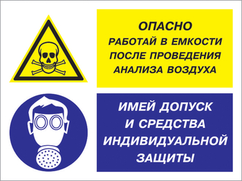 Кз 90 опасно - работай в емкости после проведения анализа воздуха. имей допуск и средства индивидуальной защиты. (пленка, 400х300 мм) - Знаки безопасности - Комбинированные знаки безопасности - Магазин охраны труда и техники безопасности stroiplakat.ru